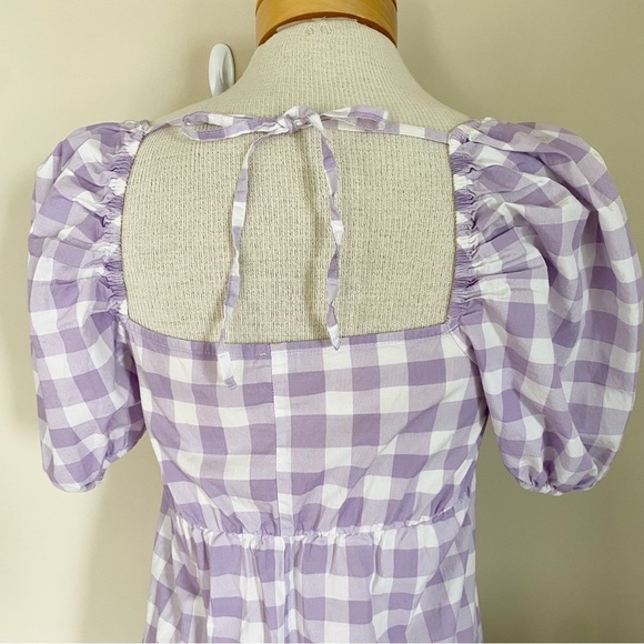 River Island Gingham Check Peasant Cottage Puff Sleeve Midi Dress Purple 4 - Picture 3 of 6
